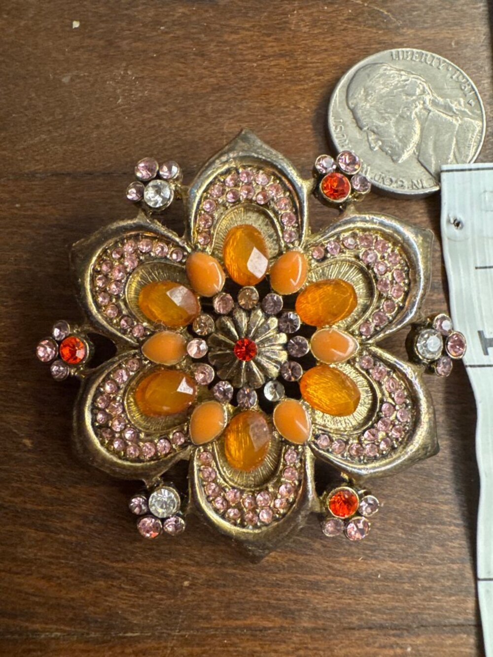 Large Fleur de Lis Brooch Antiqued Gold Tone Amber Orange Rhinestone Statement